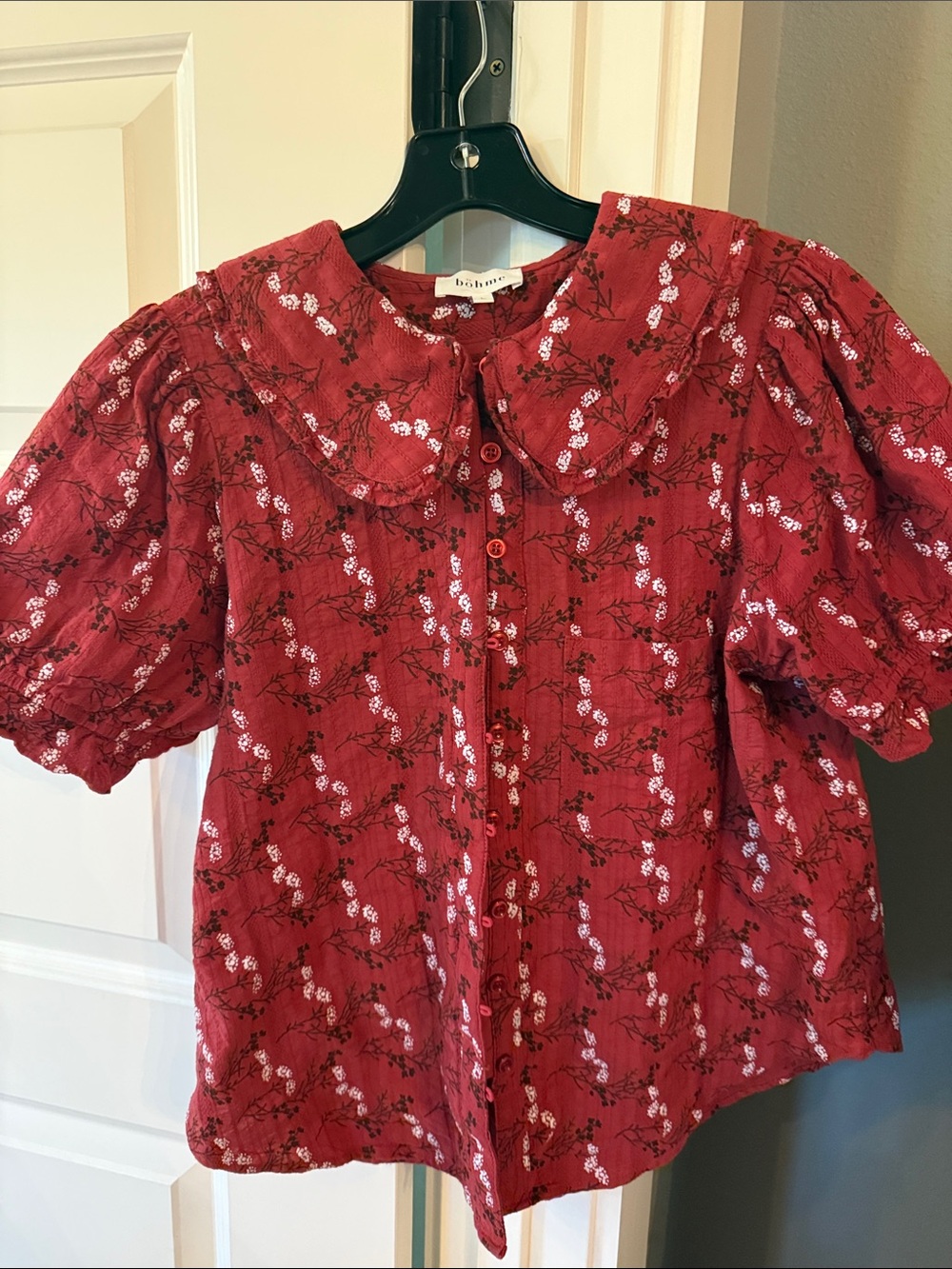 bohme Red Floral Peter Pan Collar Puff Sleeve Blouse